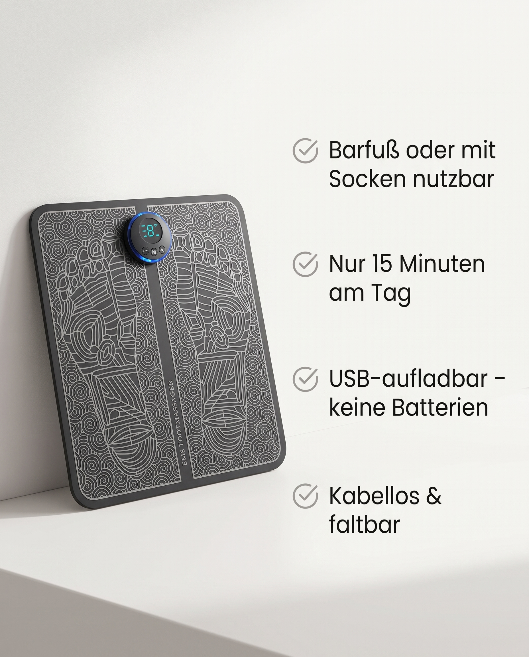 LegRelax Vorteile – barfuß nutzbar, 15 Minuten am Tag, USB-aufladbar, kabellos & faltbar