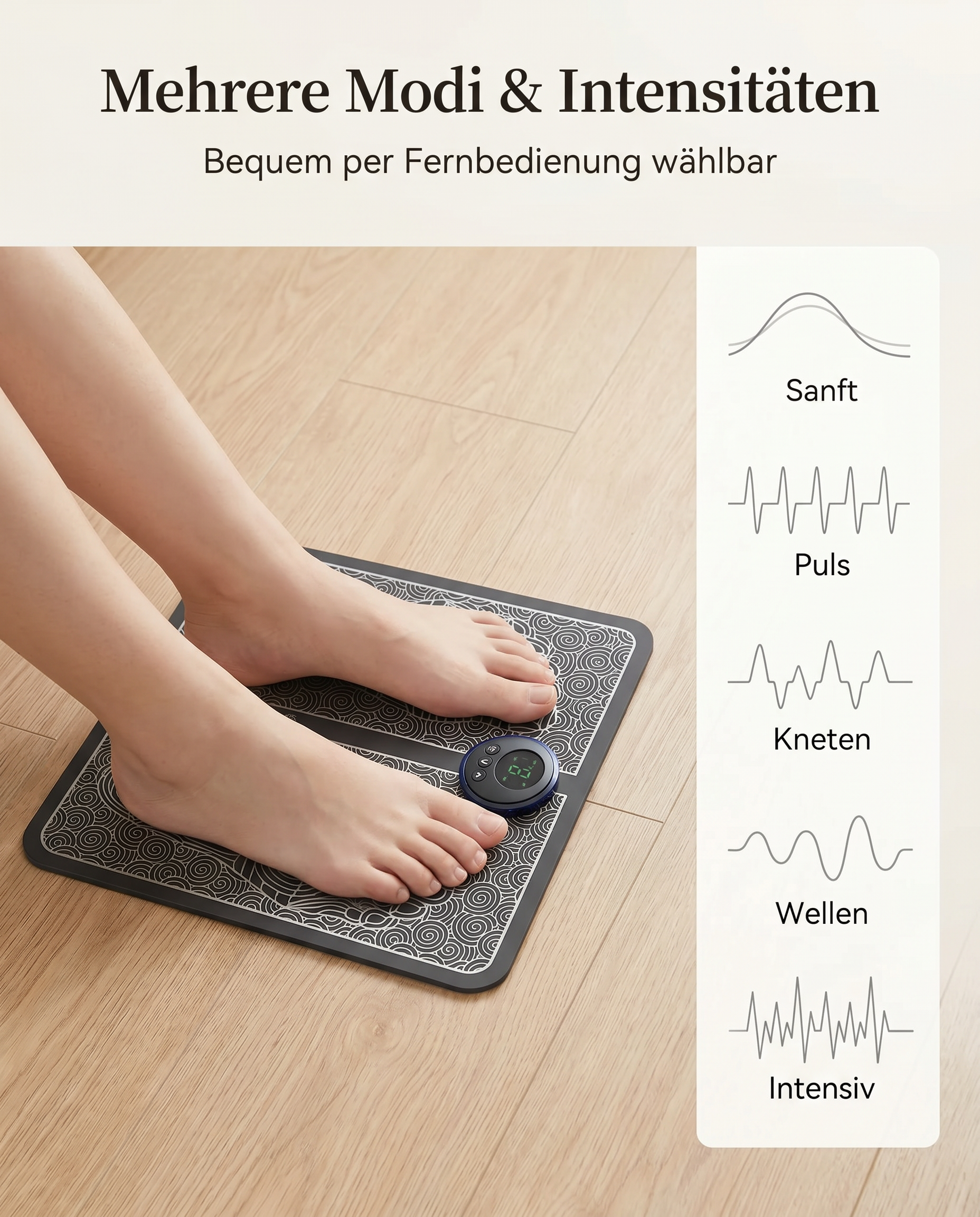 LegRelax – mehrere Modi und Intensitäten per Fernbedienung wählbar