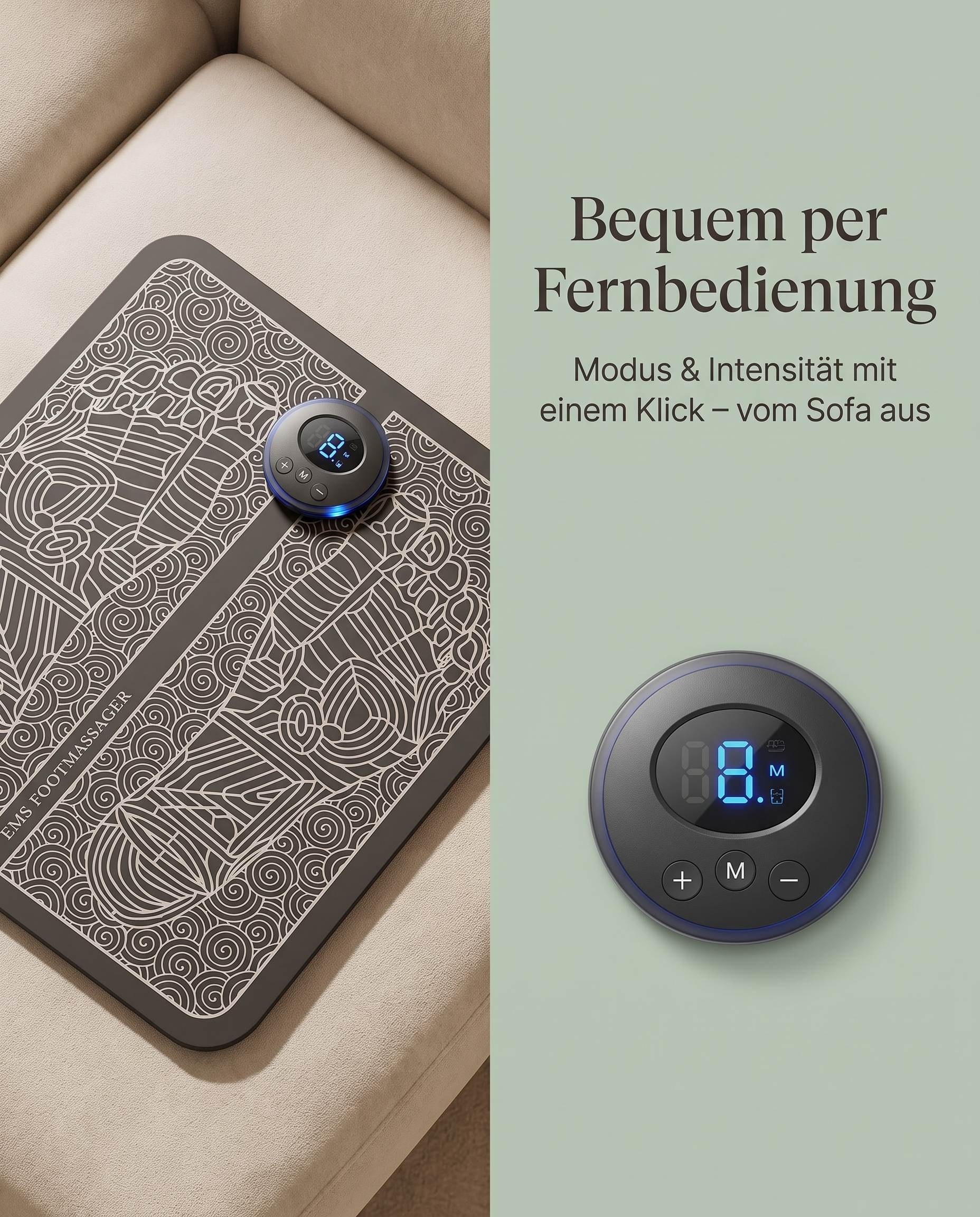 LegRelax – bequeme Steuerung per Fernbedienung mit blauem Display